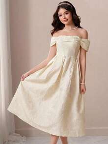 SHEIN Pitira Vestido elegante de hombros descubiertos de jacquard en color albaricoque para adolescentes - Albaricoque - Ver 6