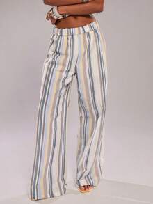 SHEIN BAE Quần ống rộng cạp chun kẻ sọc nhiều màu sắc bằng vải lanh/Quần hè/Quần thường ngày/Quần kẻ sọc, Xuân/Hè, Phong cách Riviera, Quần đi biển, Kỳ nghỉ Ý, Quần vải lanh - Nhiều màu - Xem 4