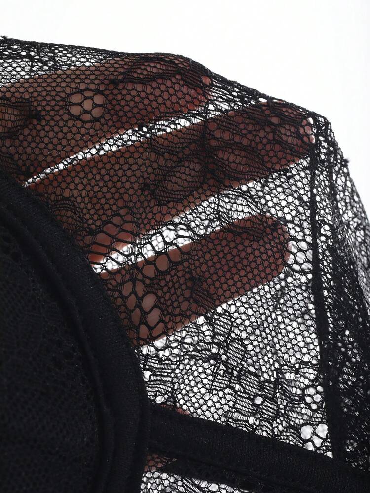 Spring & Summer Floral Hollow-Out Black Lace Blouse, Cropped Top, Elegant For Valentine's Day, Wedding, Party, Formal Occasion, Slim Fit, Sheer Mesh T-Shirt For Women