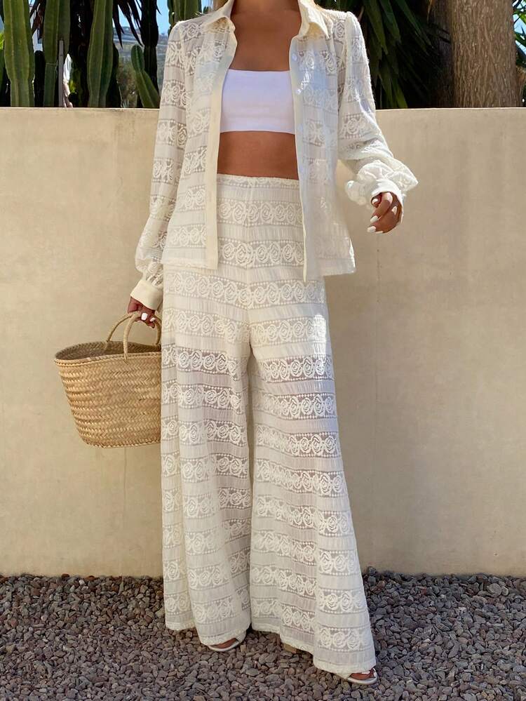 Women's Elegant Floral Textured Shirt And Wide Leg Pants 2 Pieces Set, Spring/Summer