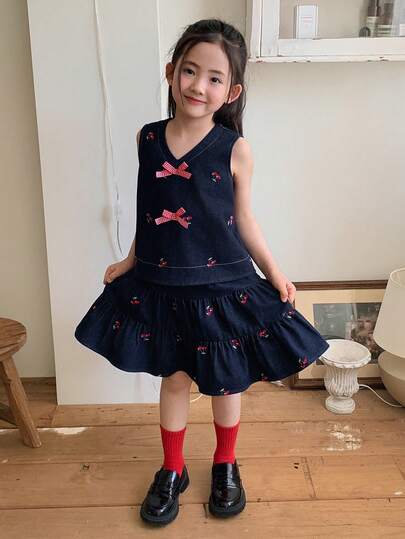 DAZY Young Girls Korean Style Bow Sleeveless Shirt & Pleated Skirt 2 Pieces Denim Set
