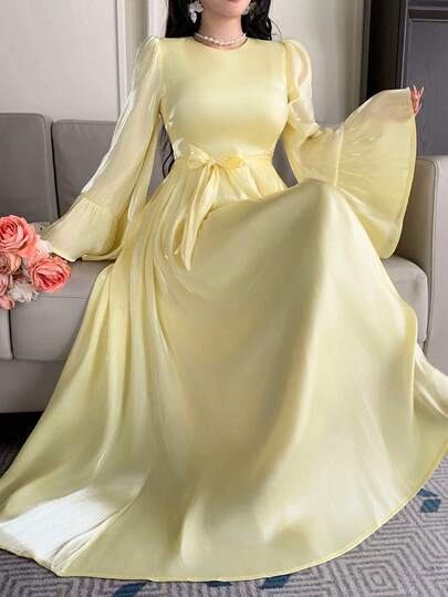 DAZY Women's Solid Color Waist Belt Elegant Round Neck Long Sleeve Dress Sundress