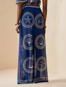 Zivah 2026 Women's Casual Beach Vacation Sheer Chiffon Coverup With Underwater Animal & Print, Pants Style - Blue - View 4