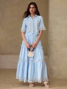 MOTF PREMIUM SPRING/SUMMER WOMEN'S SHORT SLEEVE SHIRT WITH HOLLOW PATCHWORK, BUTTERFLY RUFFLE TRIM, RUFFLE HEM A-LINE SKIRT 2 PIECES SET VACATION ELEGANT - Blue - View 8