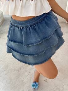 Sunnyshic Women's Casual Ruffle Hem Denim Mini Skirt, Summer - Light Wash - View 5