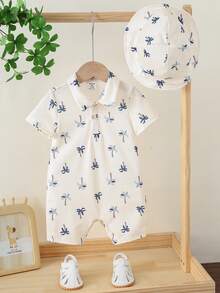 SHEIN Bộ 2 món đồ liền thân và mũ cho bé sơ sinh trai/gái, kiểu dáng mùa hè, dễ thương, in hình cây dừa, thích hợp cho kỳ nghỉ. - Nhiều màu - Xem 3