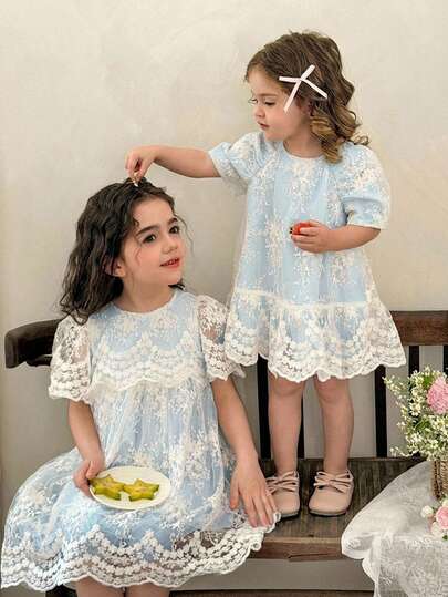 LMoss Kids 女童纯色圆领网纱刺绣休闲连衣裙