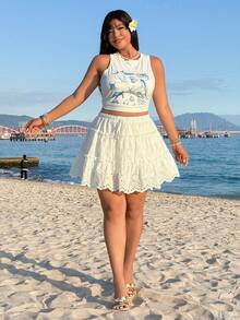 GalTyme 春夏新款休闲日常装，适合派对、音乐节、返校、毕业典礼、度假、婚礼、街头风、休闲、逛街、城市漫步等多种场合，可作外套或内搭，梭织刺绣，多层褶皱设计，宽松有衬里短裤，白色，大码半身裙 - 白色 - 查看 4