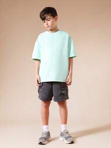 SUMWON Boys Mint Green Short Sleeve Crew Neck T-Shirt With Japanese Tokyo Script Print Regular Fit Casual Tee Summer Spring Everyday Wear - Green - View 3