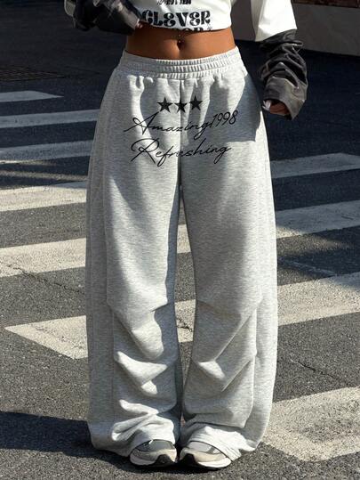 Muchica 女士休闲时尚街头字母星形印花褶皱宽松阔腿运动裤