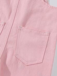 Baby Girls Denim Casual Heart Embroidery Washed Denim Bib Pants, Loose Fit Romper For Baby Girl - Pink - View 5