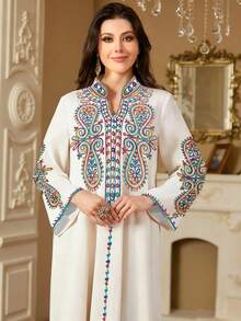 EMERY ROSE Loose Long Sleeve V-Neck Printed Casual Dress For Women - Multicolor - View 5