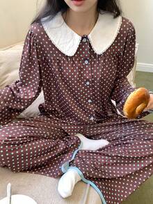 DAZY Cute Polka Dot Print Contrast Color Peter Pan Collar Women Pajama Set - Coffee Brown - View 8