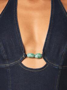 MISSGUIDED Fitted Dark Denim Mini Halter Dress With Decorative Turquoise Bead Chain Detail And Bodycon Silhouette - Dark Wash - View 2