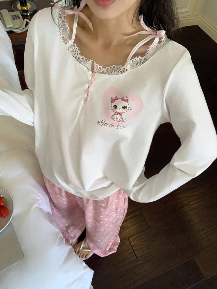 2pcs Women Cute Cat Print Lace Patchwork Long Sleeve Top And Loose Pants Pajama Set, Spring
