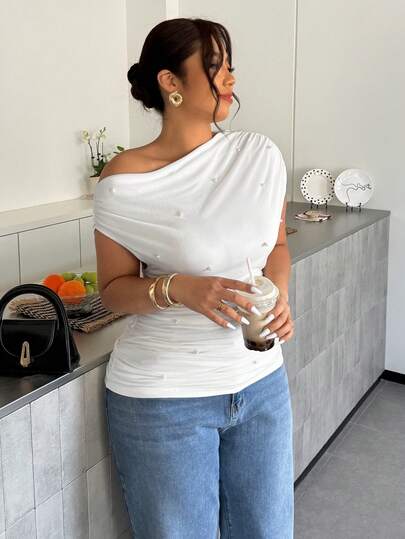 Firerie Plus Size Elegant Solid Color Asymmetric Neck Beaded Decor T-Shirt, Summer