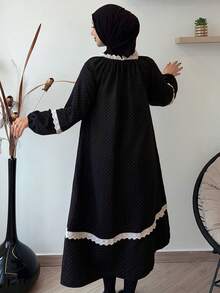 DAZY Contrast Color Ruffle Patchwork Polka Dot Lantern Sleeve Loose Women Nightgown - Black - View 2
