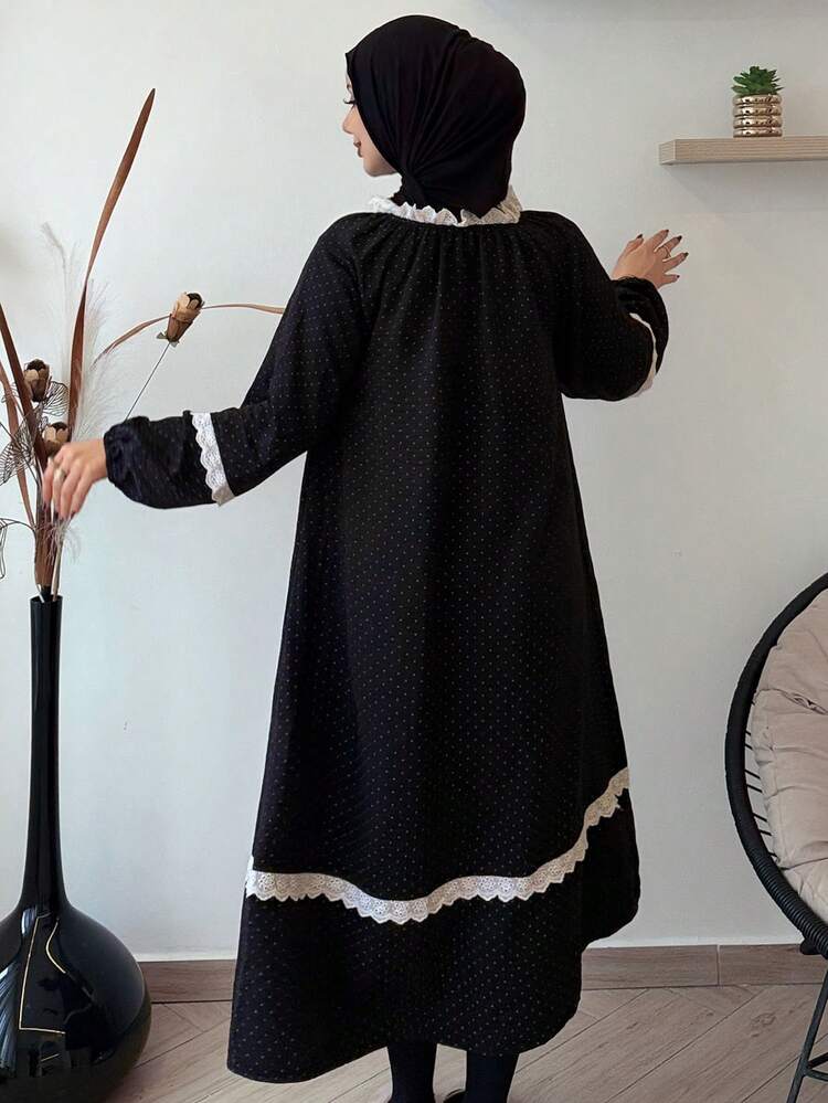 Contrast Color Ruffle Patchwork Polka Dot Lantern Sleeve Loose Women Nightgown
