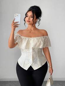 Elenzga Plus Size Women's Elegant White Summer Blouse,French Style Off Shoulder Ruffled Embroidered Lace Fitted Top For Vacation,Holiday,Parties,Weddings - Apricot - View 6