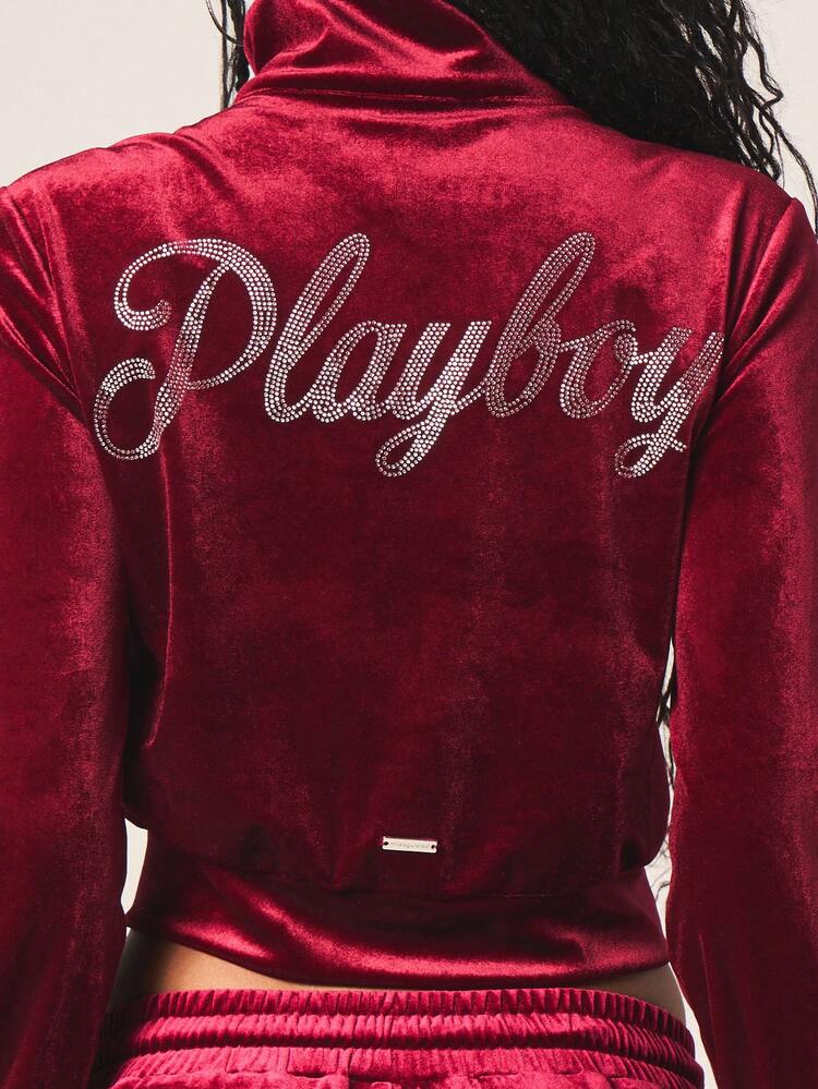 Missguided x Playboy Women Burgundy Velour Full Zip Jacket With Rhinestone Logo And High Neck Collar Luxe Track Top