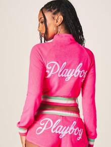Missguided x Playboy 品牌亮粉色毛巾布拉链卫衣外套，袖口和下摆饰有条纹细节 - 粉色 - 查看 3