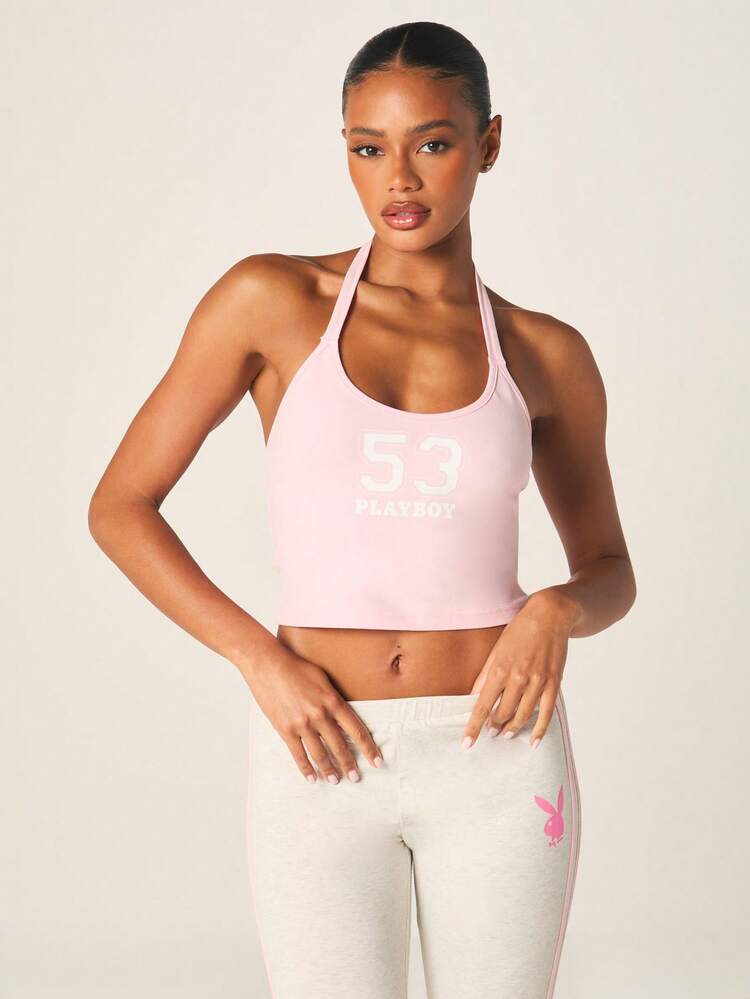 Missguided x Playboy Women Halterneck Cami Crop Top With Logo Print And Tie Back Detail Summer Casual Sleeveless Tank Top