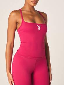 Missguided x Playboy Women's Hot Pink Logo Cross Back Cami Top With Adjustable Straps And Scoop Neckline For Casual Summer Wear - Burgundy - View 3