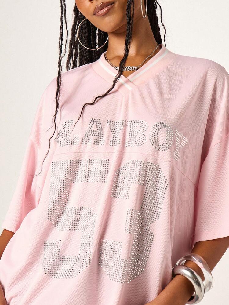 Missguided x Playboy Women's Diamante Rhinestone Graphic Oversized Pink Jersey T Shirt With Crew Neck And Short Sleeves Casual Streetwear Top