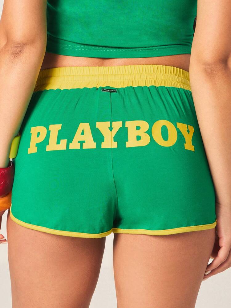 Missguided x Playboy Women's Logo High Waisted Booty Shorts With Yellow Contrast Trim And Drawstring Waist For Summer Casual Wear