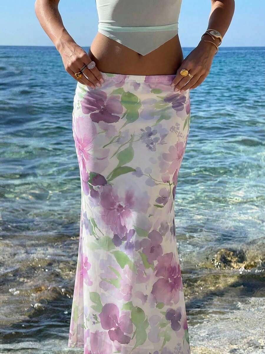 Aloruh 女士花卉印花优雅浪漫A字裙，春夏款 - 紫色 - 查看 1