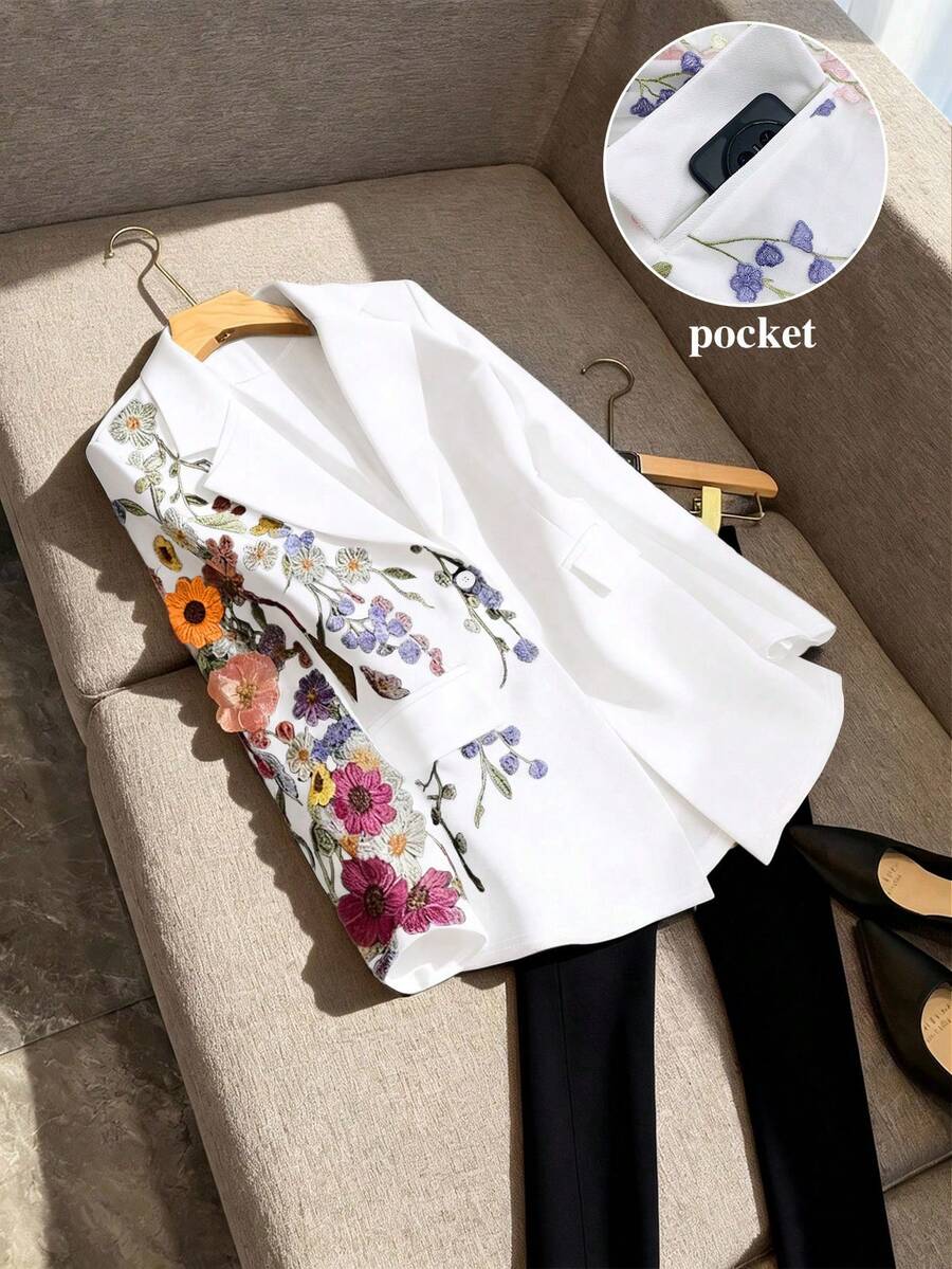 SHEIN Clasi 大码西装外套，饰有3D立体刺绣花卉拼接，时尚优雅 - 白色 - 查看 1