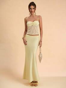 SHEIN BAE Damen Gelbes Satin Spitze Patchwork Camisole Top & Satin Meerjungfrau Rock, Gelbes elegantes 2-teiliges Set, Spitze 2-teiliges Set - Gelb - Übersicht 6