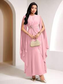 Veilorie Twist, Pleated Decor Button Waist Elegant Summer Dress - Pink - View 5