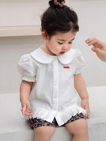 DAZY 女童纯色荷叶边领短袖上衣，韩版