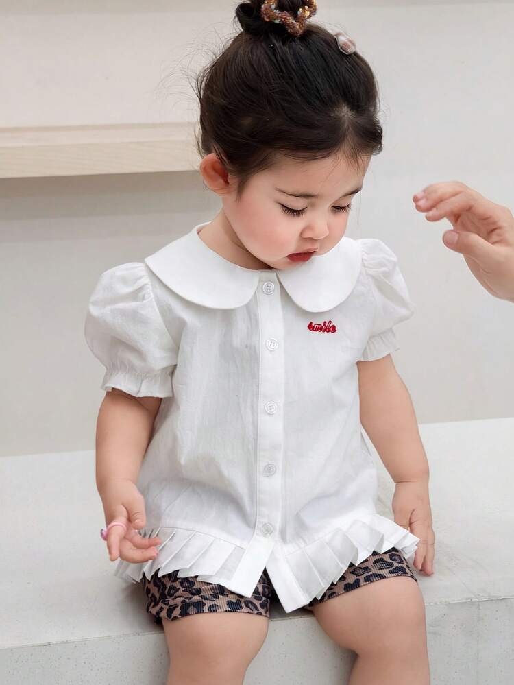 Baby Girls' Solid Color Ruffle Collar Short Sleeve Top, Korean Style Summer