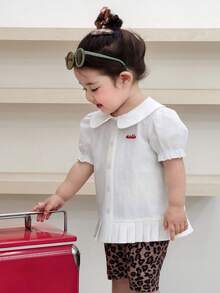 DAZY Top a maniche corte con colletto arricciato a tinta unita per bambine, stile coreano estivo per bambini piccoli - Bianco - Visualizzare 5