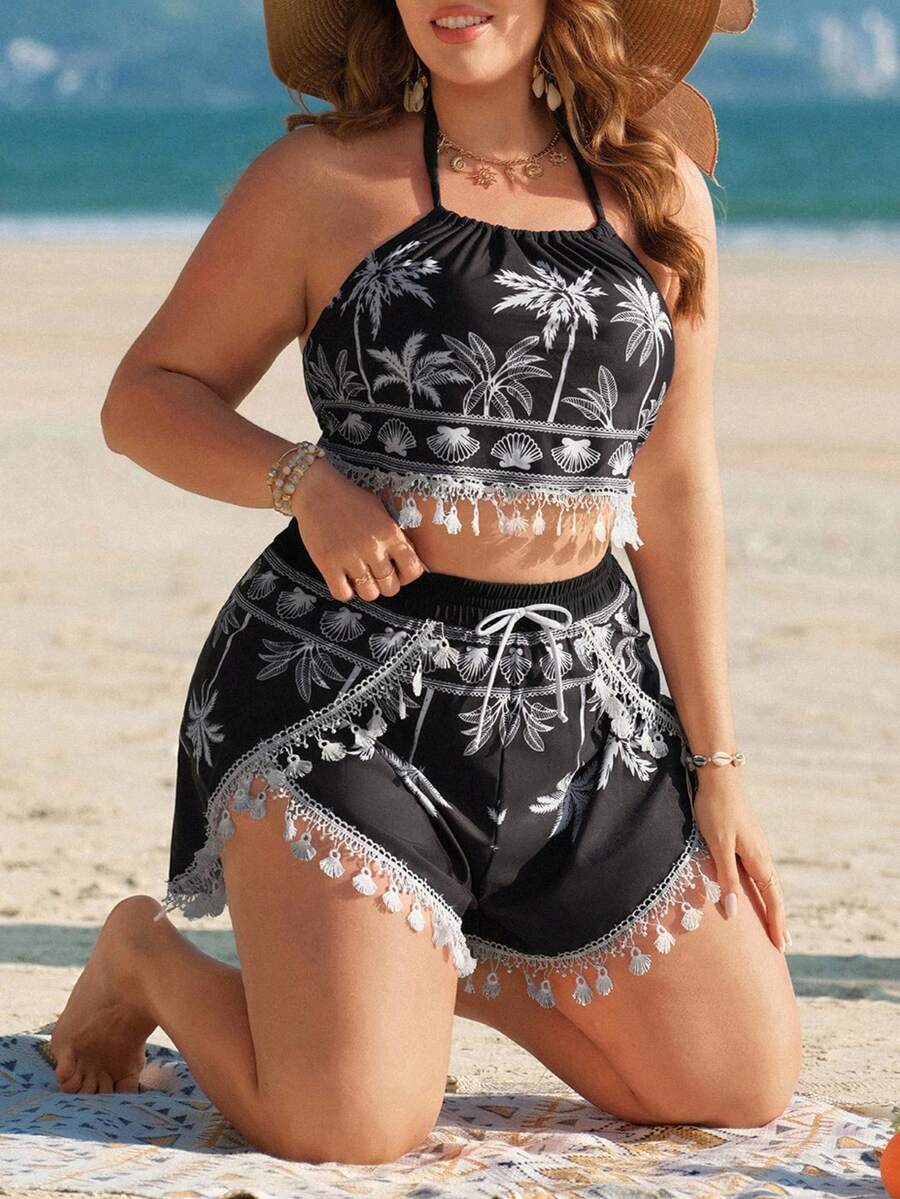 Swim Lushoire Große Größen Sommer Urlaub Strand Kokosnussbaum Muster Tankini Set - Schwarz - Übersicht 1