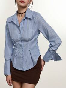 Rina Fox Blusa de mujer con cuello en V y volantes en el bajo a rayas - Azul - Ver 5