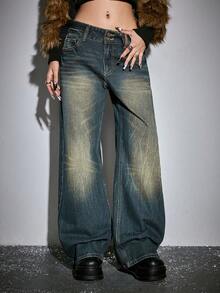 ROMWE J-Fashion Quần jeans nữ cạp thấp phong cách retro Thu Đông mới, họa tiết đầu hổ Geisha kiểu Trung Quốc, thêu chữ Anh. - Màu xanh lam - Xem 6