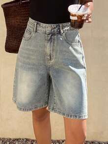 Livesso 女士休闲日常口袋纽扣牛仔短裤 - 藍色 - 查看 5