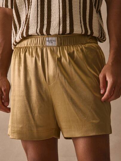 Musero Pantaloncini da bagno con vita elasticizzata, stile boxer, con dettagli di toppe di marca, essenziali per primavera/estate, vacanze, spiaggia e piscina