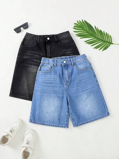 2Pcs Teen Boy Fashion Casual Vintage Cool Street Comfortable And Simple Blue And Black Loose-Fit Denim Shorts For Kids Clothes Teen Boy Dailywear And Kids Spring To Summer Rave Outfits Festival And Outfits Streetwear Clothes
