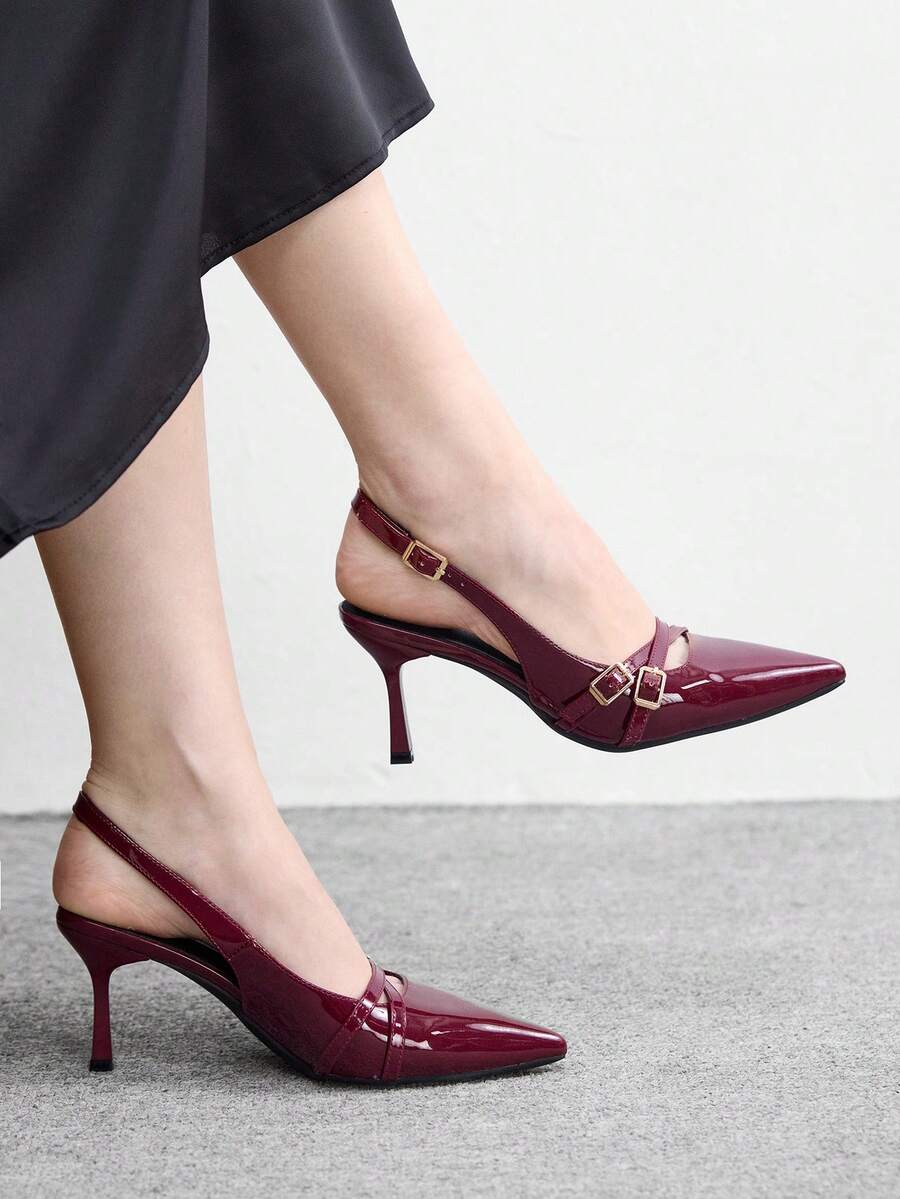 CUCCOO BIZCHIC 女士尖头低帮性感细跟高跟鞋，四季皆宜，适合户外通勤、宴会、派对等场合。 - 酒紅色 - 查看 1