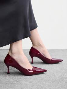 CUCCOO BIZCHIC 四季新款酒红色镜面尖头细跟高跟低帮女鞋，日常百搭通勤商务晚宴派对女鞋 - 酒紅色 - 查看 4