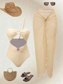 Swim Oasis Women's Hollow Out One-Piece Swimsuit Cover Up & Skirt For Beach Vacation Women's Swim Costume Women Two Pieces Beach Outfit For Women Summer Swimsuit Woman Two Pieces Outfit Women's Holiday Co Ord - Champagne - View 11