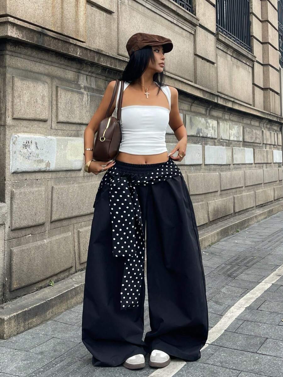 Coolane Polka Dot Print Twist Elastic Waist Casual Wide Leg Woven Women Pants - Black - View 1