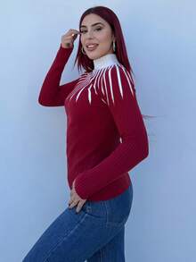 Bearsaez Suéter de manga larga con cuello alto y estampado gráfico - Fiery Red - Ver 3