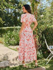 KARISMINA Women's Elegant V-Neck Floral Print Orange And White Maxi Dress,Summer Boho Garden Party Holiday Outfits,Cottagecore Wedding Guest Dress - Orange - View 3