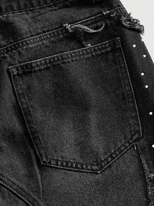 ROMWE MEN Street Life Pantalones cortos de mezclilla sueltos con diamantes brillantes para hombres - Negro - Ver 5