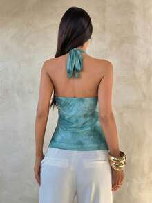 Aloruh Women's Elegant Multi-Layer Ruffle Trim Stand Collar Fitted Tank Top - Blue - View 2